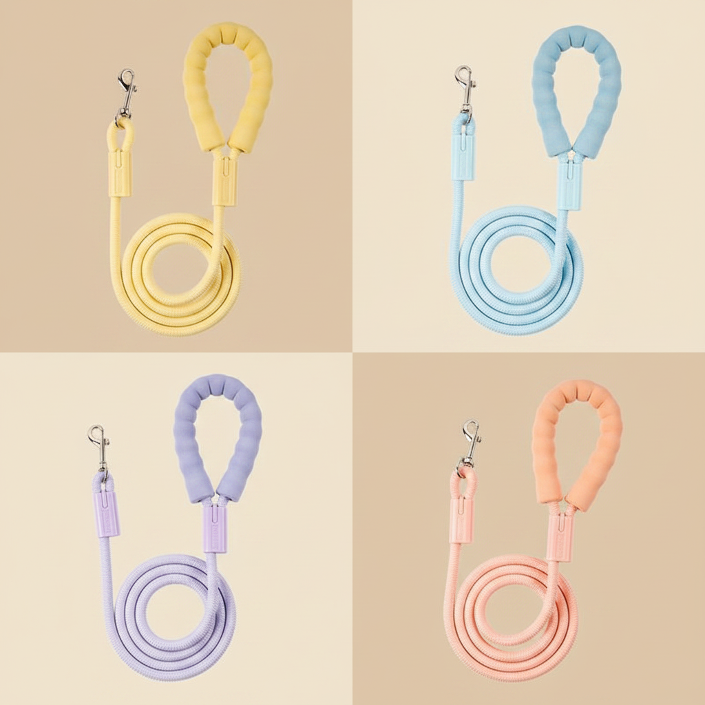 Four Pastel Dog Leashes on Beige Background